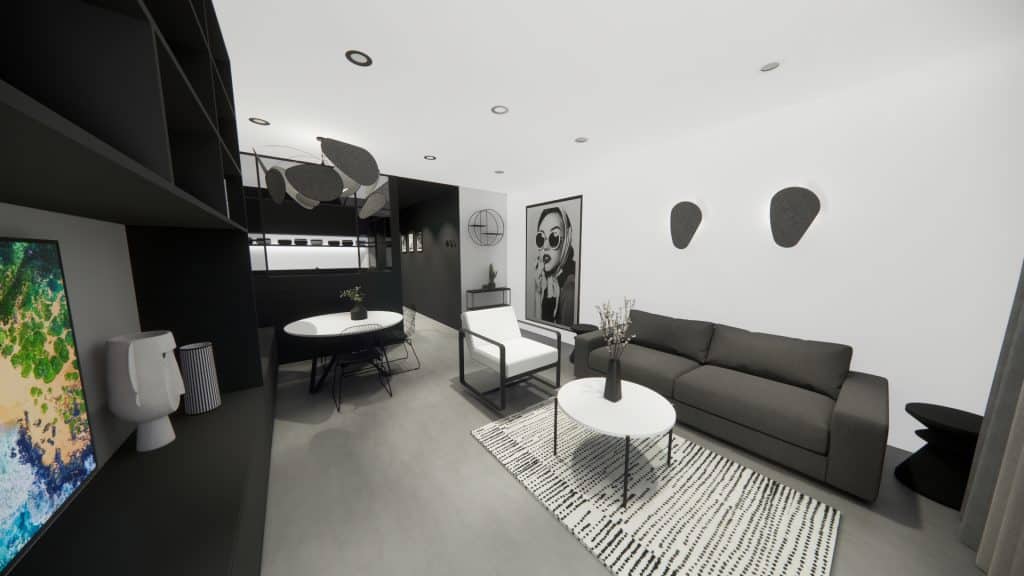 Plan d'angle d'un séjour lumineux sur petite surface par architecte d'intérieur Annecy