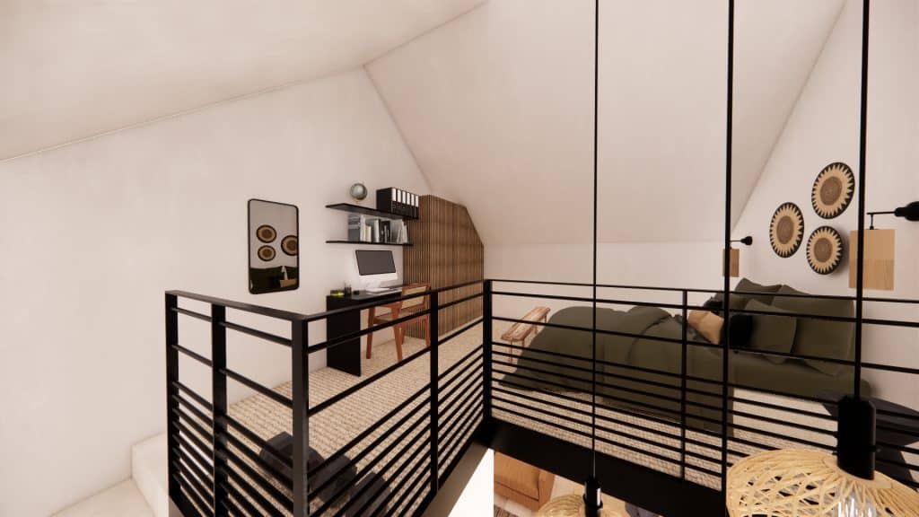Vue d'une chambre et bureau en mezzanine sur petite surface par architecte d'intérieur Annecy