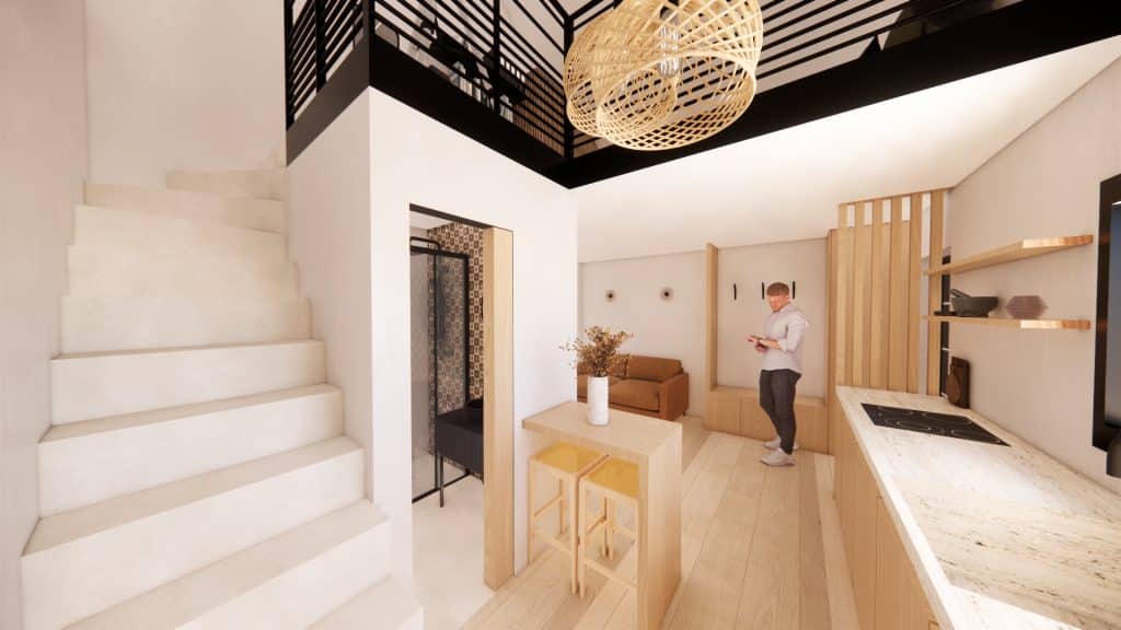 Vue panoramique d'un intérieur cuisine et escalier lumineux sur petite surface par architecte d'intérieur Annecy